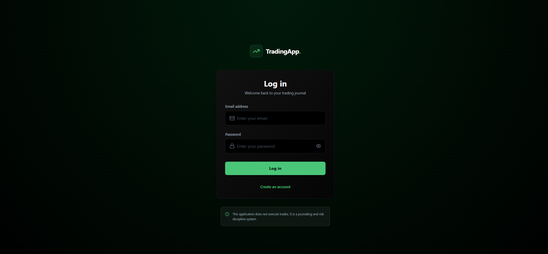 Authentication screen for trading journal