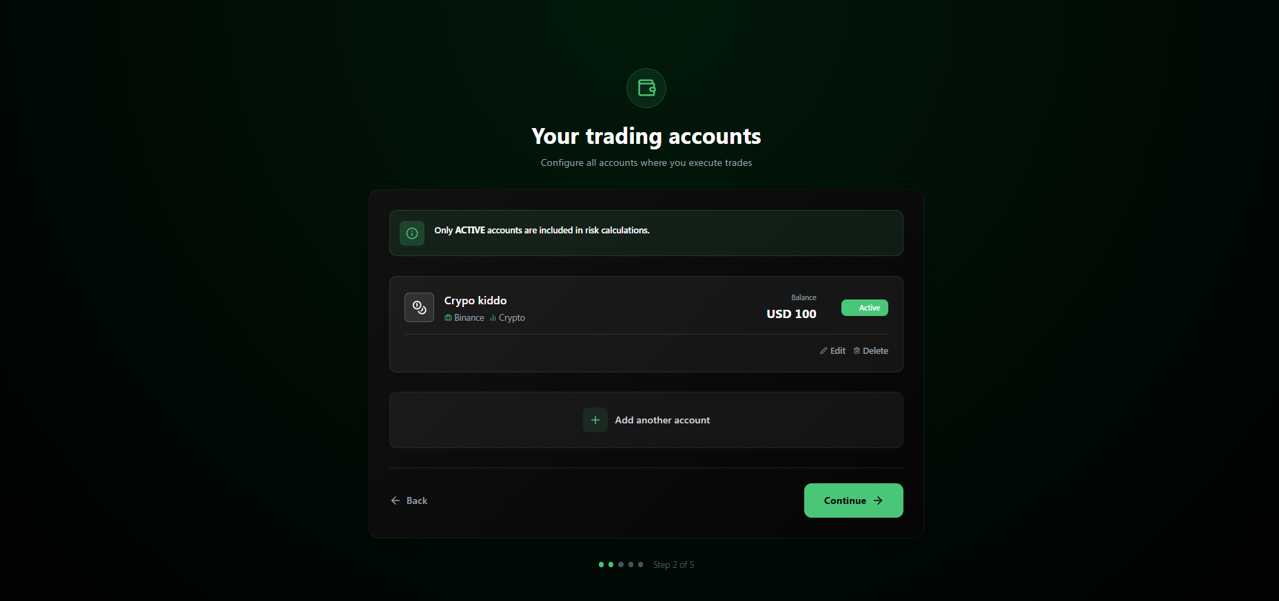 Configuring active trading accounts