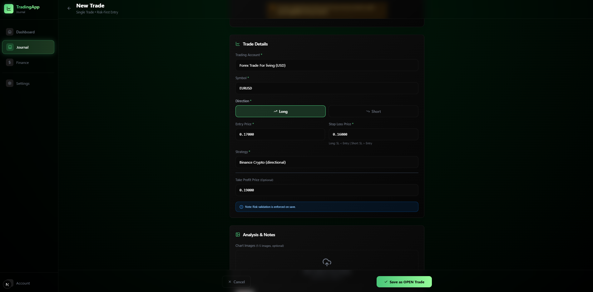Entering trade specifics and pair details