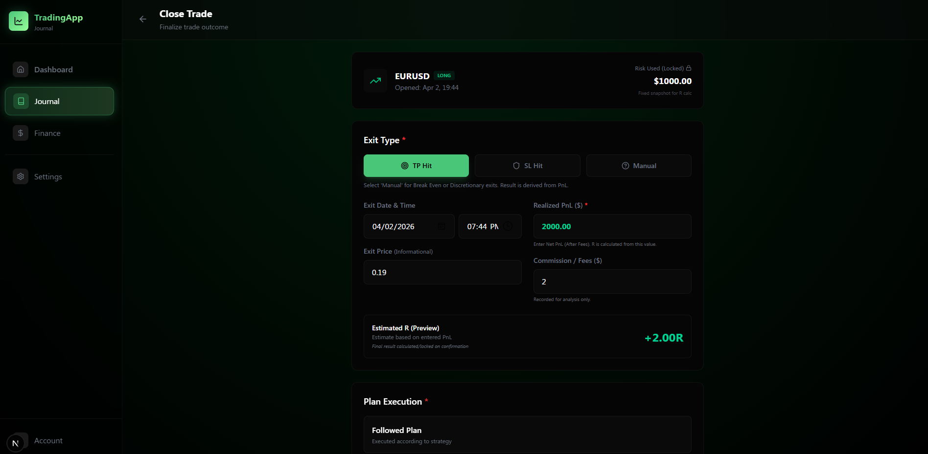 Finalizing and recording trade outcome